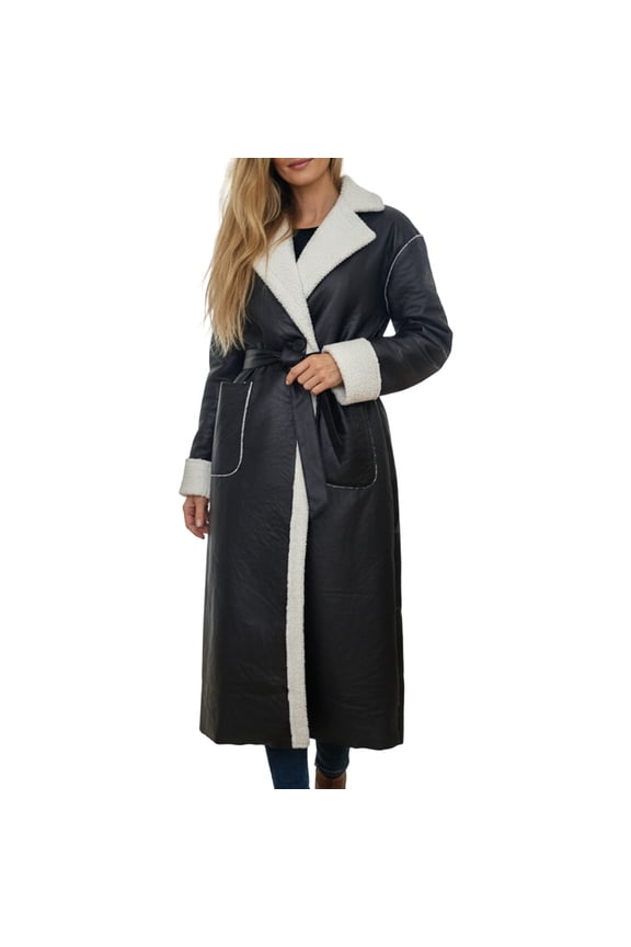 Winter Coats For Women Trench Coat Thick Fuzzy Lining Notched Lapel Belted Mid-Calf Jacket With Pockets Casual Wear Versatile Outerwear