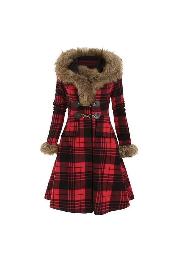 Winter Coats For Women Bohemian Overcoat Thick Fuzzy Lining Plaid Pattern Flare Hem Mediun Length Hooded Jacket Warm Windproof Casual Cozy Outerwear