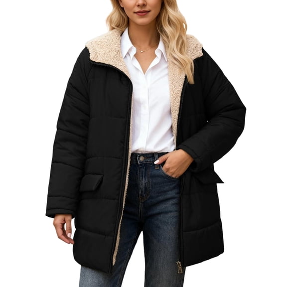 DHFJKG Winter Coats For Women Quilted Padded Hoodies Coat Fuzzy Lining Solid Color Loose Fit Zipper Jacket With Pockets Warm Windproof Casual Classic Outerwear