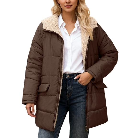 DHFJKG Winter Coats For Women Quilted Padded Hoodies Coat Fuzzy Lining Solid Color Loose Fit Zipper Jacket With Pockets Warm Windproof Casual Trendy Outerwear