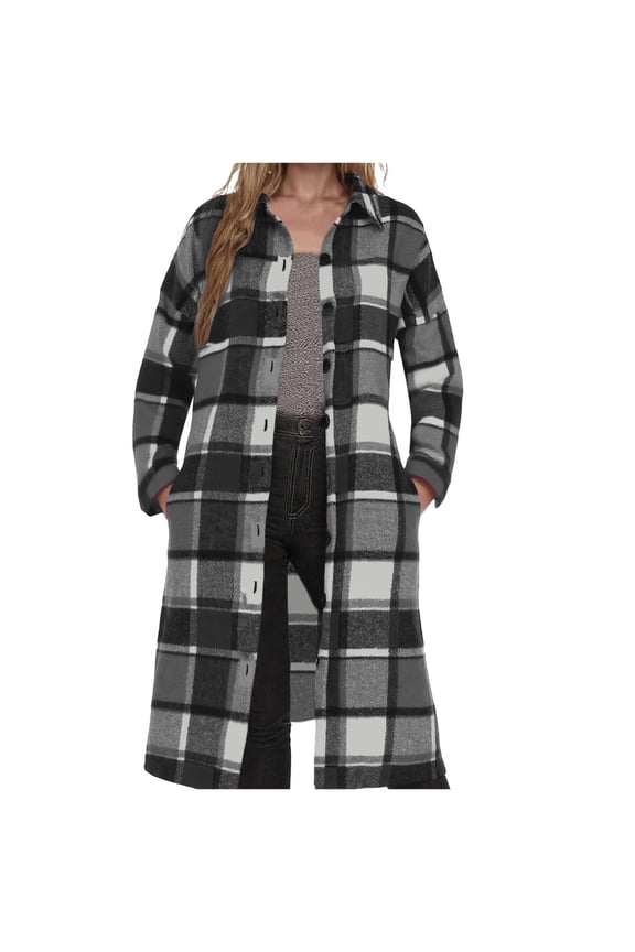 Winter Coats For Women Trench Coat Plaid Pattern Long Sleeve Knee-Length Button Down Turndown Collar Overcoat With Pockets Winter Warm Soft Outerwear