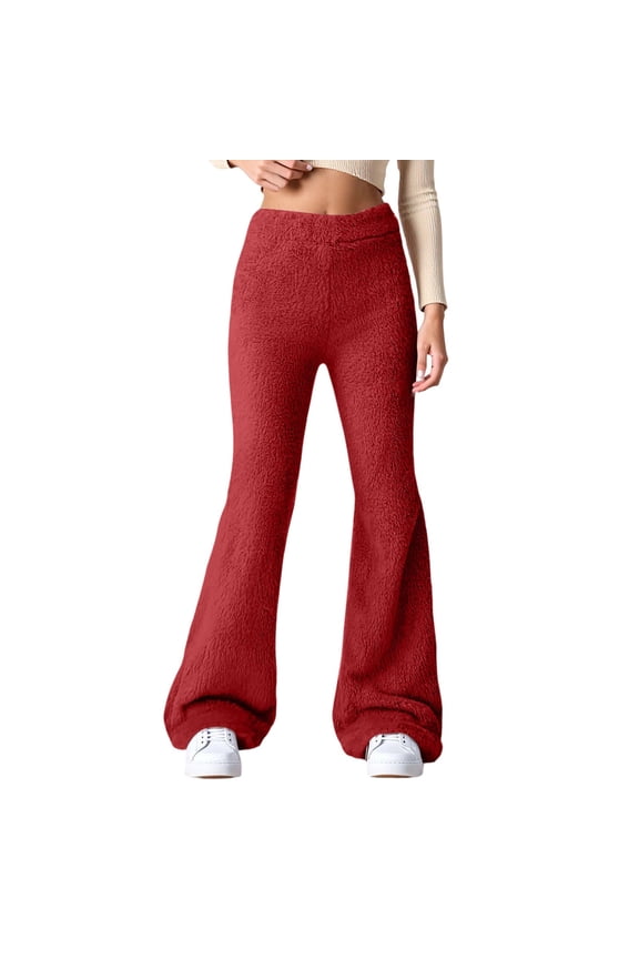 Winter Fluffy Flare Pants For Women High Rise Elastic Waist Relaxed Fit Solid Color Thermal Pants Double-Sized Plush Soft Trousers