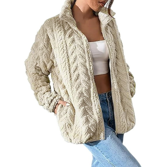 DHFJKG Winter Fuzzy Jacket For Women Solid Color Jacquard Zipper Stand Collar With Pockets Long Sleeve Coats Classic Jackets