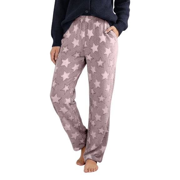 DHFJKG Winter Fuzzy Pajamas Pants Womens Loungewear Star Printed Loose Fit Elastic Waist Thermal Long Pyjama Bottoms With Pockets For Home Thick Cozy Trousers
