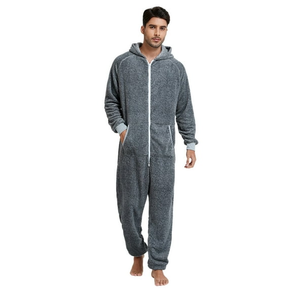 DHFJKG Winter Pajamas For Men Jumpsuit Loungewear Loose Fit Solid Color Long Sleeve Hooded Zipper Onesie With Pockets Sleepwear Classic Nightwear