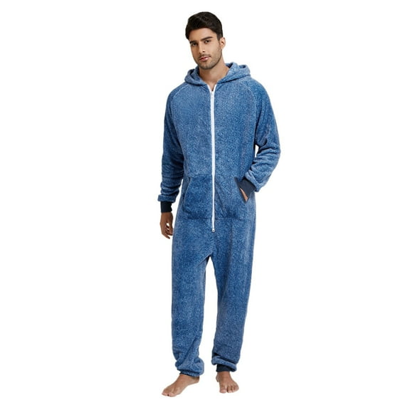 DHFJKG Winter Pajamas For Men Jumpsuit Loungewear Loose Fit Solid Color Long Sleeve Hooded Zipper Onesie With Pockets Sleepwear Comfort Nightwear