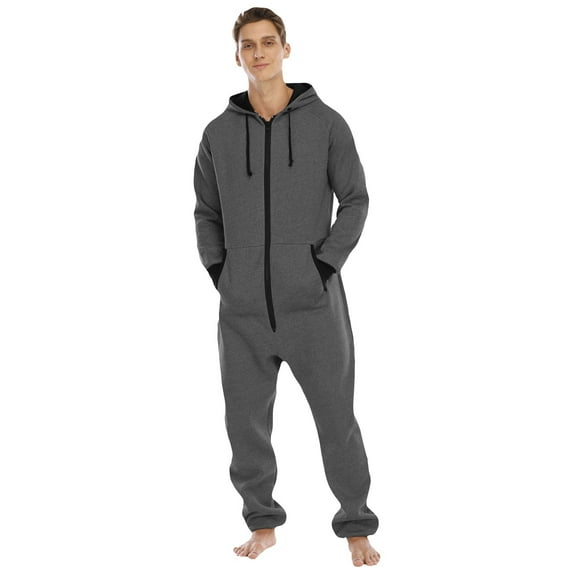 DHFJKG Winter Pajamas For Men Jumpsuit Loungewear Solid Color Long Sleeve Hooded Drawstring Zipper Onesie With Pockets Sleepwear Leisure Homewear