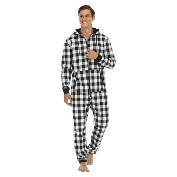 DHFJKG Winter Plaid Pajamas For Men Jumpsuit Loungewear Long Sleeve Hooded Drawstring Zipper Onesie With Pockets Sleepwear Leisure Homewear