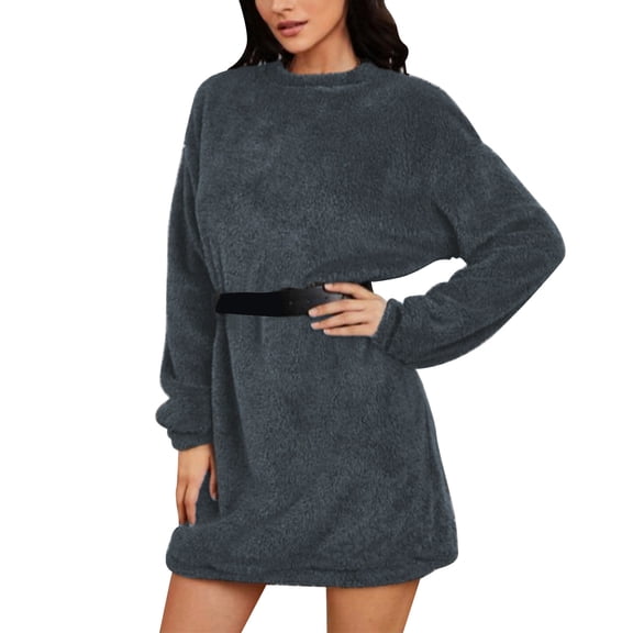 DHFJKG Winter Plush Dresses For Women Long Sleeve Round Neck Loose Fit Pullover Fluffly Shaggy Comfort Dresses