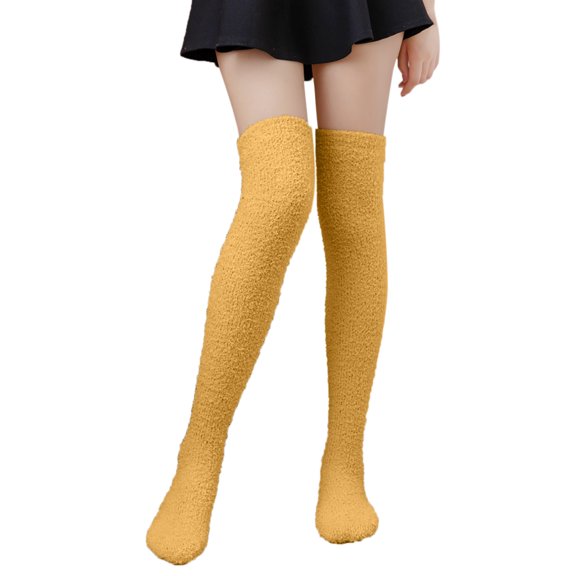 DHFJKG Winter Thermal Thigh High Socks For Women Fuffy Thickened Warm Over Knee Socks Solid Color Soft Stockings