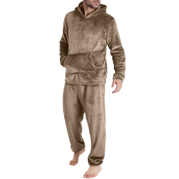 DHFJKG Winter Warm Fluffy Pajama Set For Men Solid Color Long Sleeve Pocket Hoodies Loose Fit Bottoms PJ 2 Piece Set Comfort Nightwear