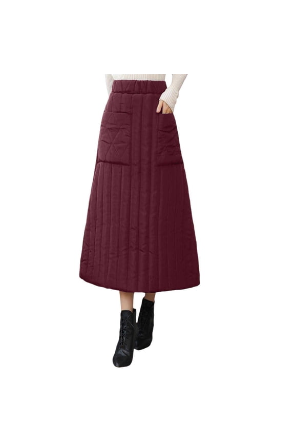 Winter Windproof Skirt Women Mid Length Padded Quilted Elastic Waistband Lightweight With Pockets Warm Stylish Skirt