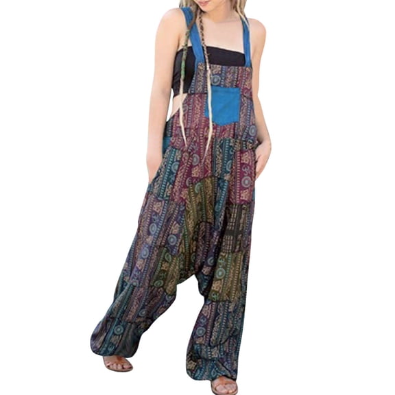 DHFJKG Woemn Hippie Overalls Harlan Pants Patchwork Print Sleeveless Baggy Suspenders Pants With Pockets Classic Trousers