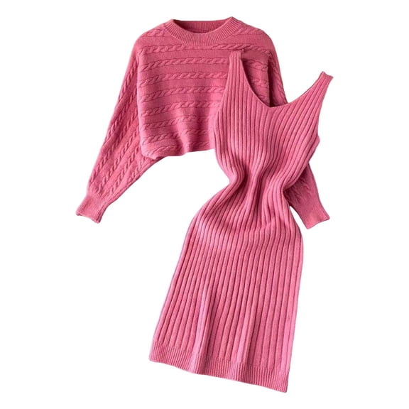 DHFJKG Women 2 Piece Outfits Sweater Sets Casual Long Sleeve Jacquared Crop Top Knitted Mini Dresses For Women Matching Set Spring Trendy Outfit