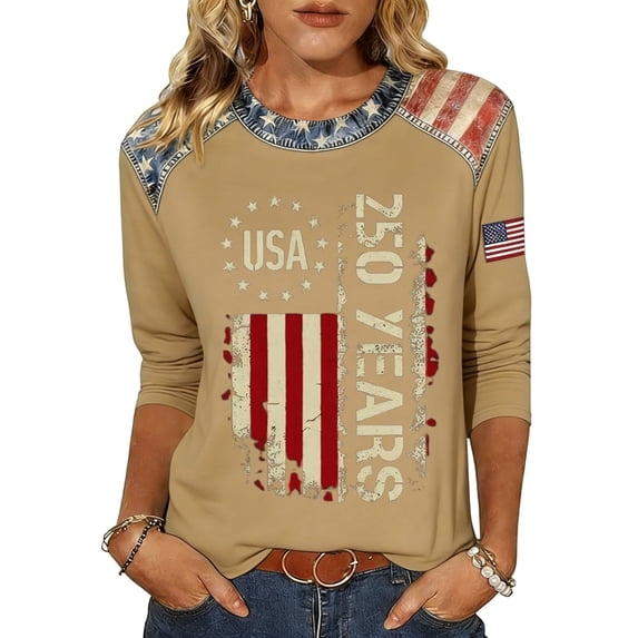 DHFJKG Women 4Th Of July T Shirt 250Th Anniversary USA 3/4 Sleeve Shirts 1776-2026 United States Top