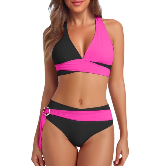 DHFJKG Women Bikini Sets Color Block Two Piece Bathing Suit Side Tie Halter Swim Top With High Waisted Briefs Bottom Stylish Beachwear