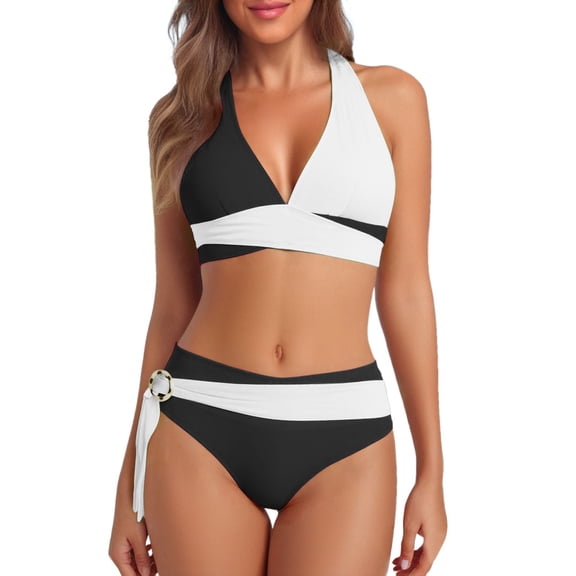 DHFJKG Women Bikini Sets Color Block Two Piece Bathing Suit Side Tie Halter Swim Top With High Waisted Briefs Bottom Stylish Beachwear