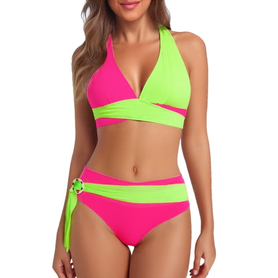 DHFJKG Women Bikini Sets Color Block Two Piece Bathing Suit Side Tie Halter Swim Top With High Waisted Briefs Bottom Trendy Beachwear