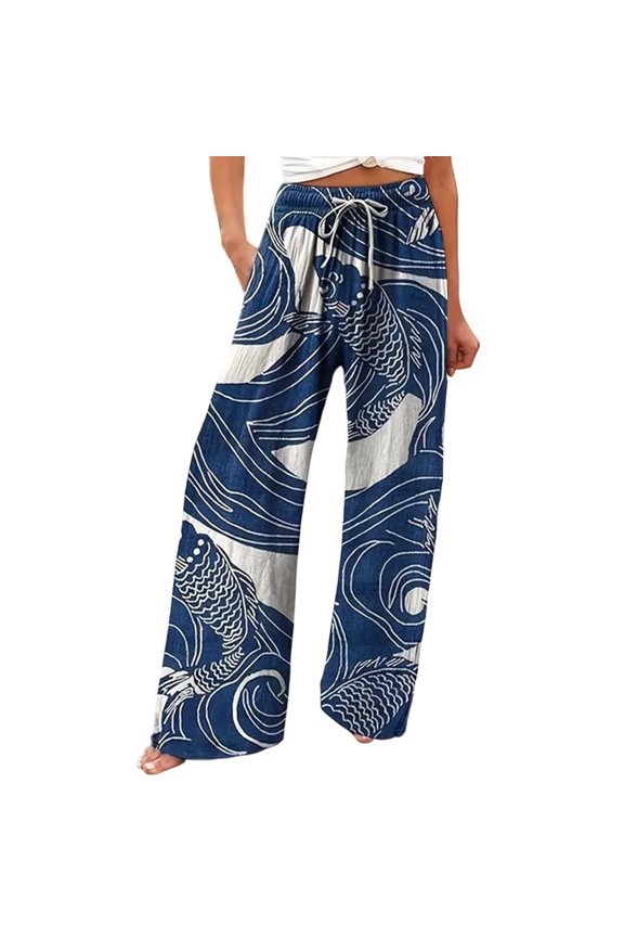 Women Bohemian Pants High Waisted Palazzo Fish Graphic Wide Leg Casual Drawstring Loungewear Pants Soft Trousers