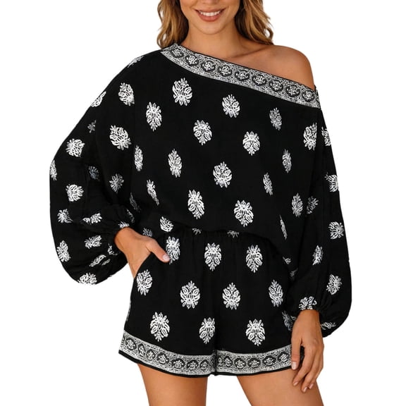 DHFJKG Women Bohemian Rompers Slash Neck Off The Shoulder Long Sleeve Casual Summer Onesie Beach Vacation Outfits