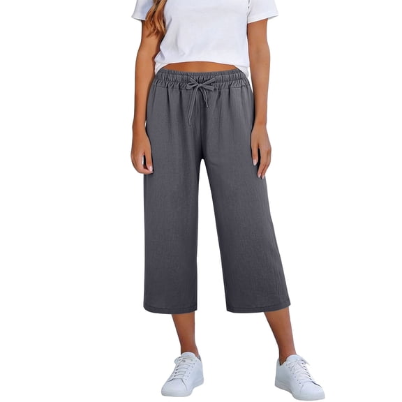 DHFJKG Women Capri Pants Lightweight Linen Summer Jogging Bottoms Casual Drawstring Loose Fit Cropped Pants Versatile Trousers