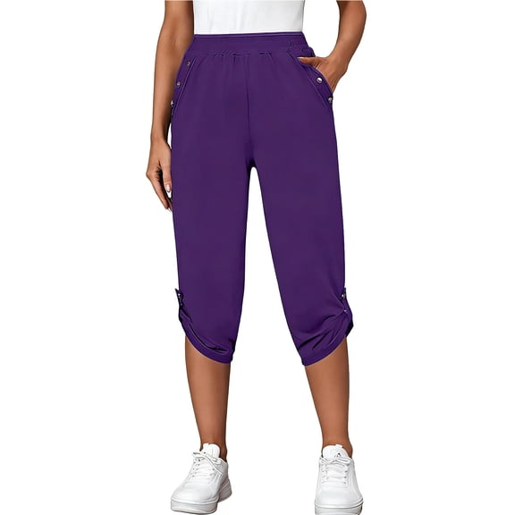 DHFJKG Women Capri Pants Summer Elastic Waist Comfortable Loose Fit Straight Leg Cropped Pants With Pockets Versatile Trousers