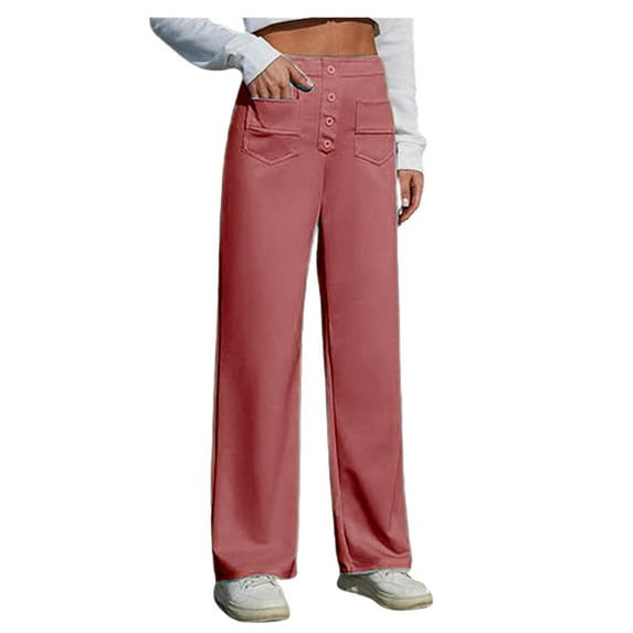 DHFJKG Women Casual Pants Office Lady Solid Color High Waist Straight Leg Loose Fit Button Down Work Business Pants With Pockets Trendy Trousers