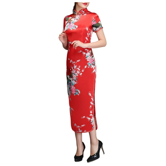 DHFJKG Women Cheongsam Long Dress Short Sleeve Slim Fit Maxi Dress Floral Silk Stand Collar Side Slit Bodycon Qipao Retro Elegant Stylish Dresses