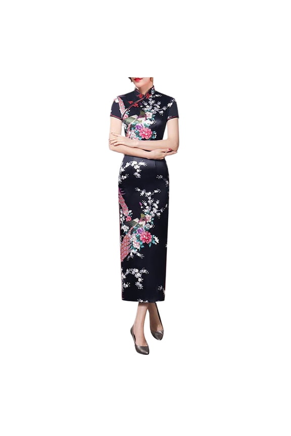 Women Cheongsam Long Dress Short Sleeve Slim Fit Maxi Dress Floral Silk Stand Collar Side Slit Bodycon Qipao Retro Elegant Trendy Dresses