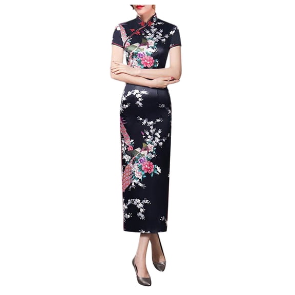 DHFJKG Women Cheongsam Long Dress Short Sleeve Slim Fit Maxi Dress Floral Silk Stand Collar Side Slit Bodycon Qipao Retro Elegant Versatile Dresses