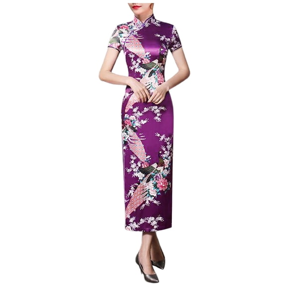 DHFJKG Women Cheongsam Long Dress Short Sleeve Slim Fit Maxi Dress Floral Silk Stand Collar Side Slit Bodycon Qipao Retro Elegant Versatile Dresses