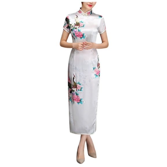 DHFJKG Women Cheongsam Long Dress Short Sleeve Slim Fit Maxi Dress Floral Silk Stand Collar Side Slit Bodycon Qipao Retro Elegant Versatile Dresses