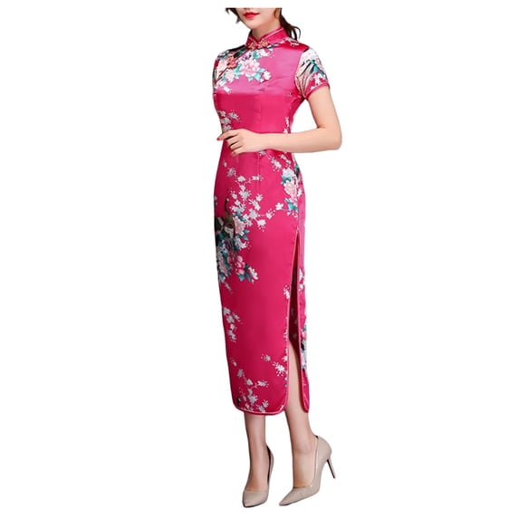 DHFJKG Women Cheongsam Long Dress Short Sleeve Slim Fit Maxi Dress Floral Silk Stand Collar Side Slit Bodycon Qipao Retro Elegant Versatile Dresses