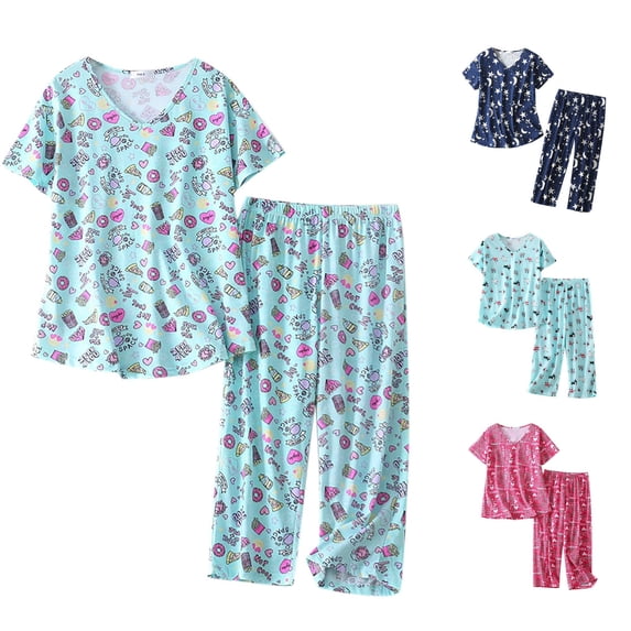DHFJKG Women Cotton Pajamas Set V Neck Short Sleeve Top Capri Pants 2 Piece Loungewear Set