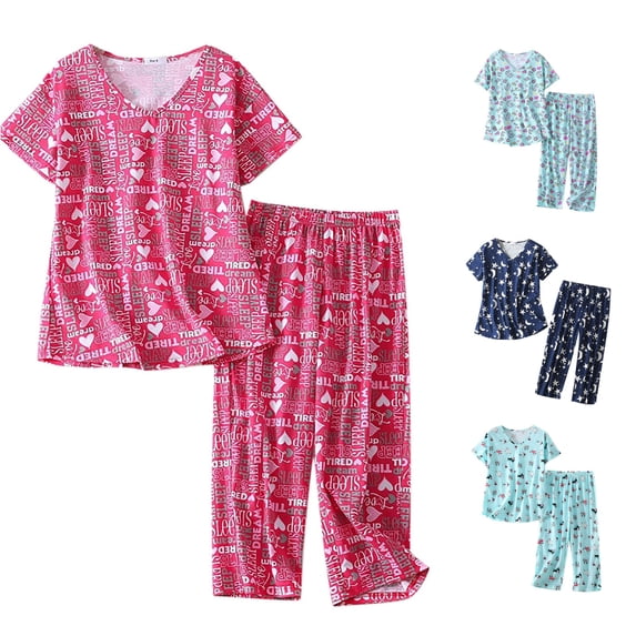 DHFJKG Women Cotton Pajamas Set V Neck Short Sleeve Top Capri Pants 2 Piece Loungewear Set