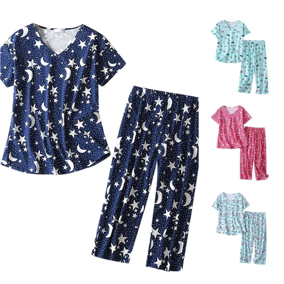 DHFJKG Women Cotton Pajamas Set V Neck Short Sleeve Top Capri Pants 2 Piece Loungewear Set