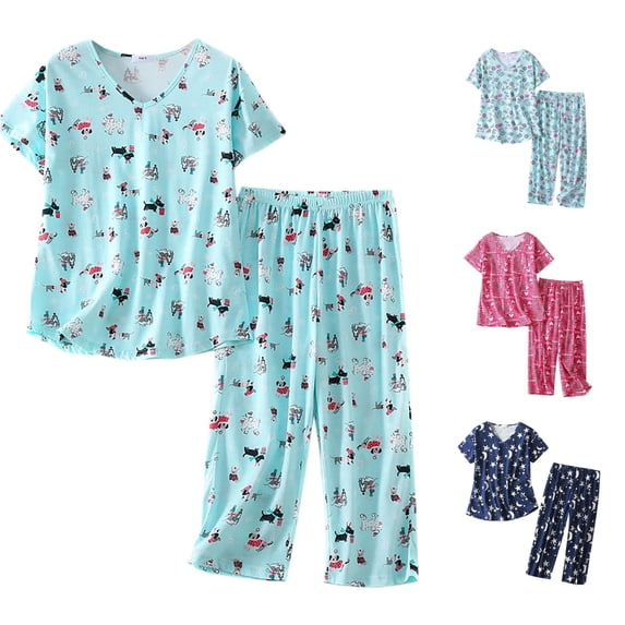 DHFJKG Women Cotton Pajamas Set V Neck Short Sleeve Top Capri Pants 2 Piece Loungewear Set