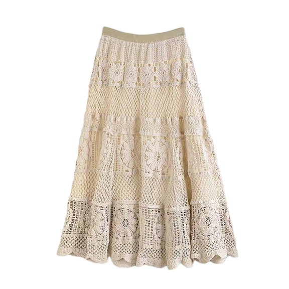 DHFJKG Women Crochet Midi Skirt Hallow Out Bohemian Style Flowy A Line Skirts Beach Vacation Trendy Skirt