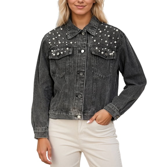 DHFJKG Women Crop Denim Jacket Fitted Distressed Washed With Pearl Embellishments Button Up Long Sleeve Turndown Collar Cropped Jean Jacket Trendy Coat