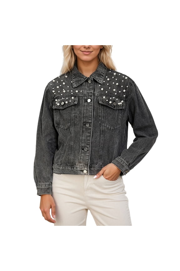 Women Crop Denim Jacket Fitted Distressed Washed With Pearl Embellishments Button Up Long Sleeve Turndown Collar Cropped Jean Jacket Trendy Coat