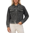 thumbnail image 1 of DHFJKG Women Crop Denim Jacket Fitted Distressed Washed With Pearl Embellishments Button Up Long Sleeve Turndown Collar Cropped Jean Jacket Versatile Coat, 1 of 7
