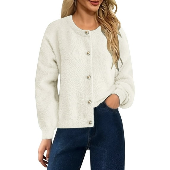 DHFJKG Women Crop Fuzzy Coat Solid Color Button Front Long Sleeve Warm Sweater Cardigan For Fall Winter Drop Shoulder Loose Fit Soft Versatile Coat
