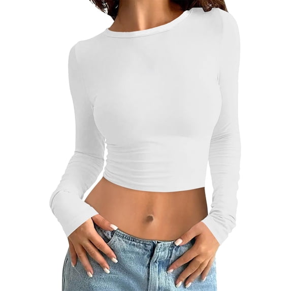 DHFJKG Women Cropped Top Pullover Layering Clothes Fitness Crewneck Solid Color Long Sleeve Baselayer Crop T-Shirt Comfort Jumper Tops