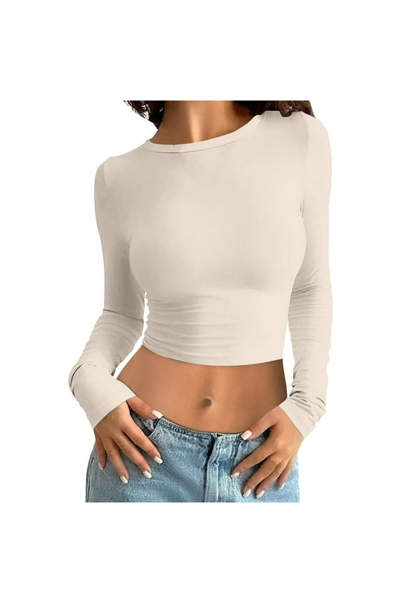 Women Cropped Top Pullover Layering Clothes Fitness Crewneck Solid Color Long Sleeve Baselayer Crop T-Shirt Cozy Jumper Tops