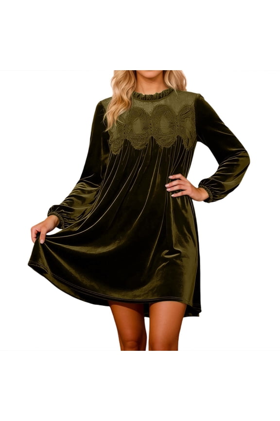 Women Dresses Casual Lace Embroidery Ruffle Crewneck Long Sleeve Flowy A-Line Mini Dress Elegant Soft Tunic Versatile Dresses