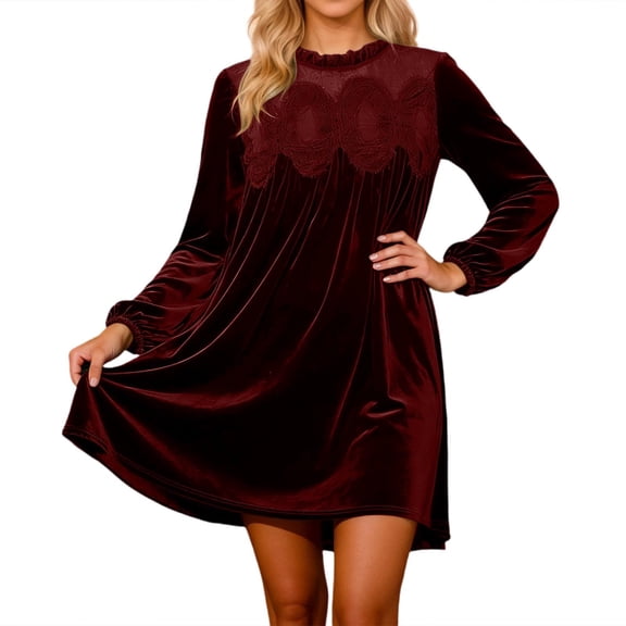 DHFJKG Women Dresses Casual Lace Embroidery Ruffle Crewneck Long Sleeve Flowy A-Line Mini Dress Elegant Soft Tunic Versatile Dresses