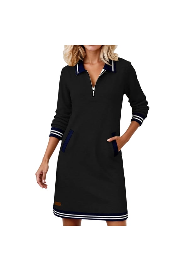 Women Dresses Casual Long Sleeve Quarter Zip Mini Dress Collared Striped Preppy Style Soft Tunic Dress With Pockets Stylish Dresses