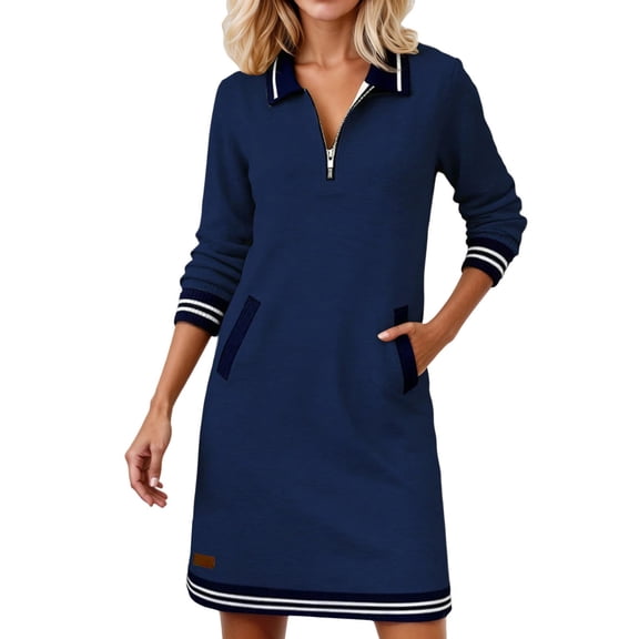 DHFJKG Women Dresses Casual Long Sleeve Quarter Zip Mini Dress Collared Striped Preppy Style Soft Tunic Dress With Pockets Versatile Dresses