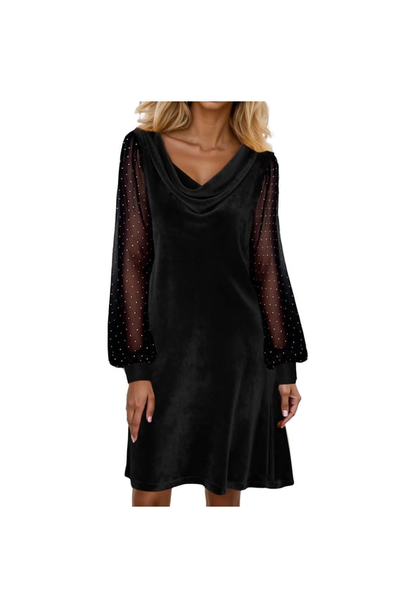 Women Dresses Cowl Neck Solid Color Velvet Mini Dress Mesh Sheer Long Sleeve Soft Tunic Trendy Dresses
