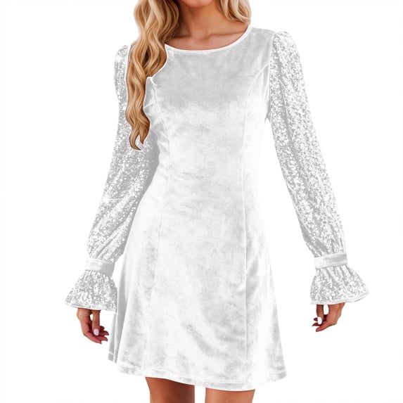 DHFJKG Women Dresses Sparkly Sequins Solid Color Round Neck Long Sleeve Velvet Mini Dress Elegant Casual Party Wear Comfortable Stretchy Soft Stylish Dresses